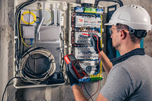 Electrician testing a control panel with a multimeter